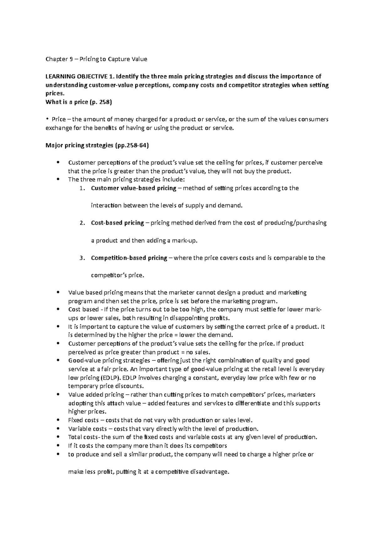 Chapter 9 detailed nots - Chapter 9 – Pricing to Capture Value LEARNING ...