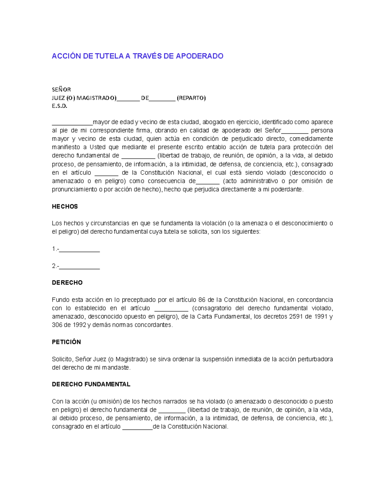 Acción DE Tutela A Través DE Apoderado - ACCIÓN DE TUTELA A TRAVÉS DE ...