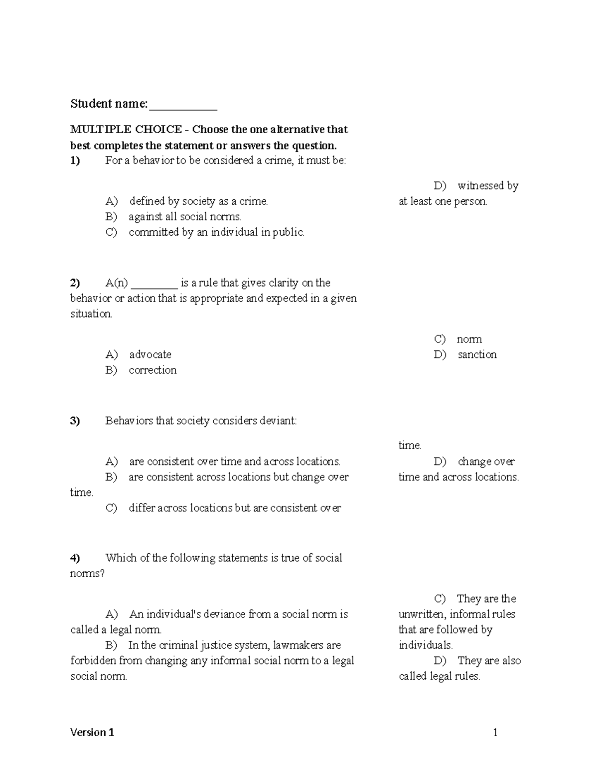 Chapter 01 What Is The Criminal Version 1 Test Bank - CJUS 500 - LU ...