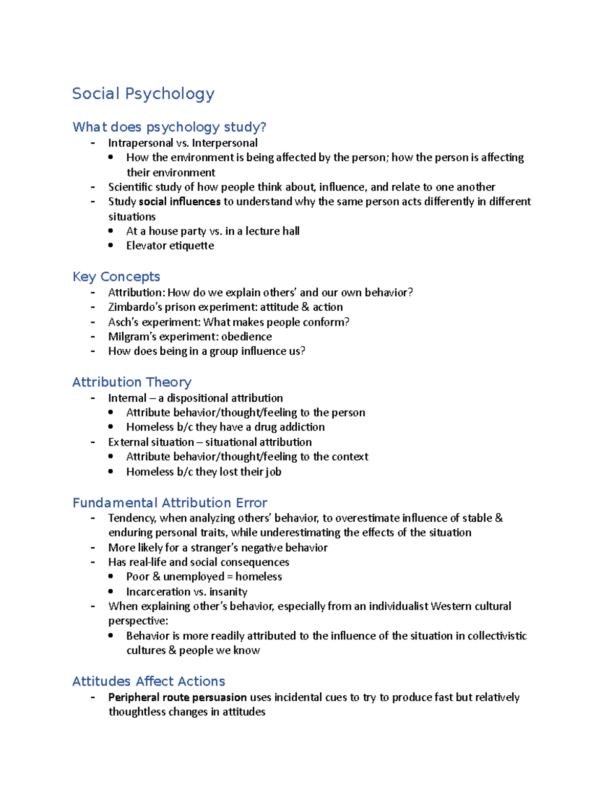 lecture notes from week 10 - Social Psychology What does psychology ...