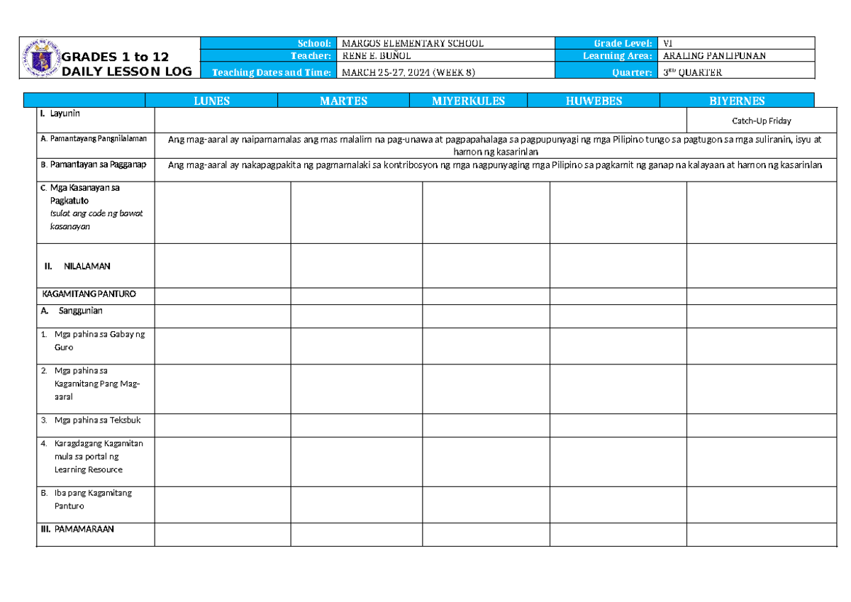 DLL AP 6 Q3 W6 - Daily Lesson Log - GRADES 1 to 12 DAILY LESSON LOG ...
