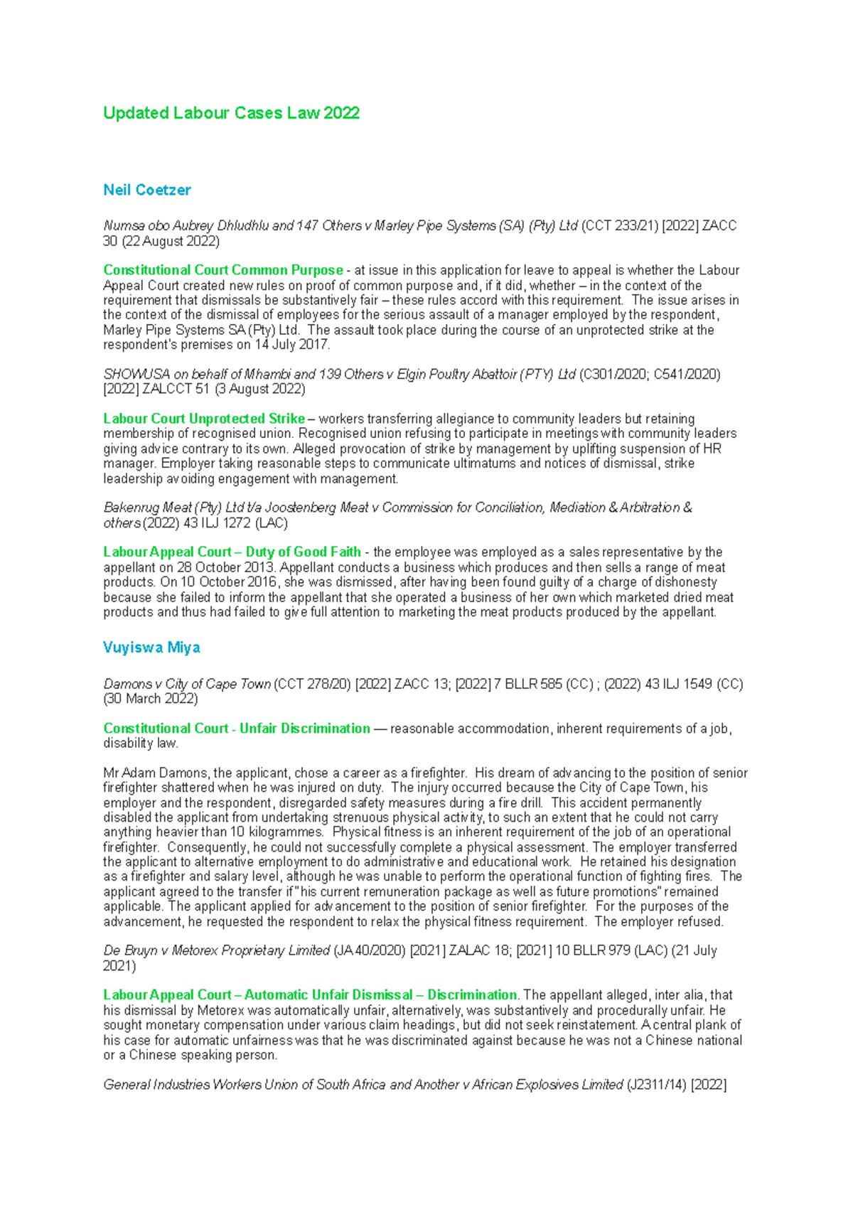 Updated Case Law 2022 Updated Labour Cases Law 2022 Neil Coetzer