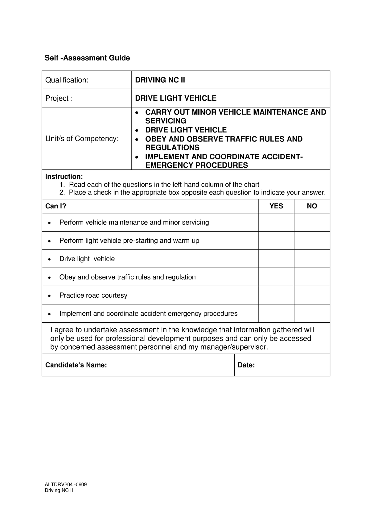 SAG - Driving NC II - ALTDRV204 - Driving NC II Self -Assessment Guide ...