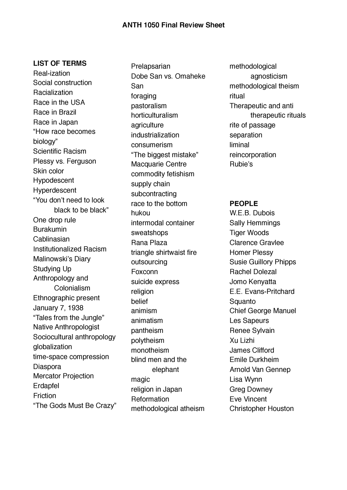 2022 Review Sheet - ANTH 1050 Final Review Sheet LIST OF TERMS Real ...