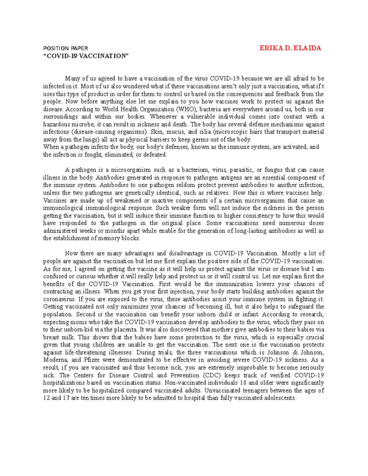 Position Paper - POSITION PAPER ERIKA D. ELAIDA “COVID-19 VACCINATION ...
