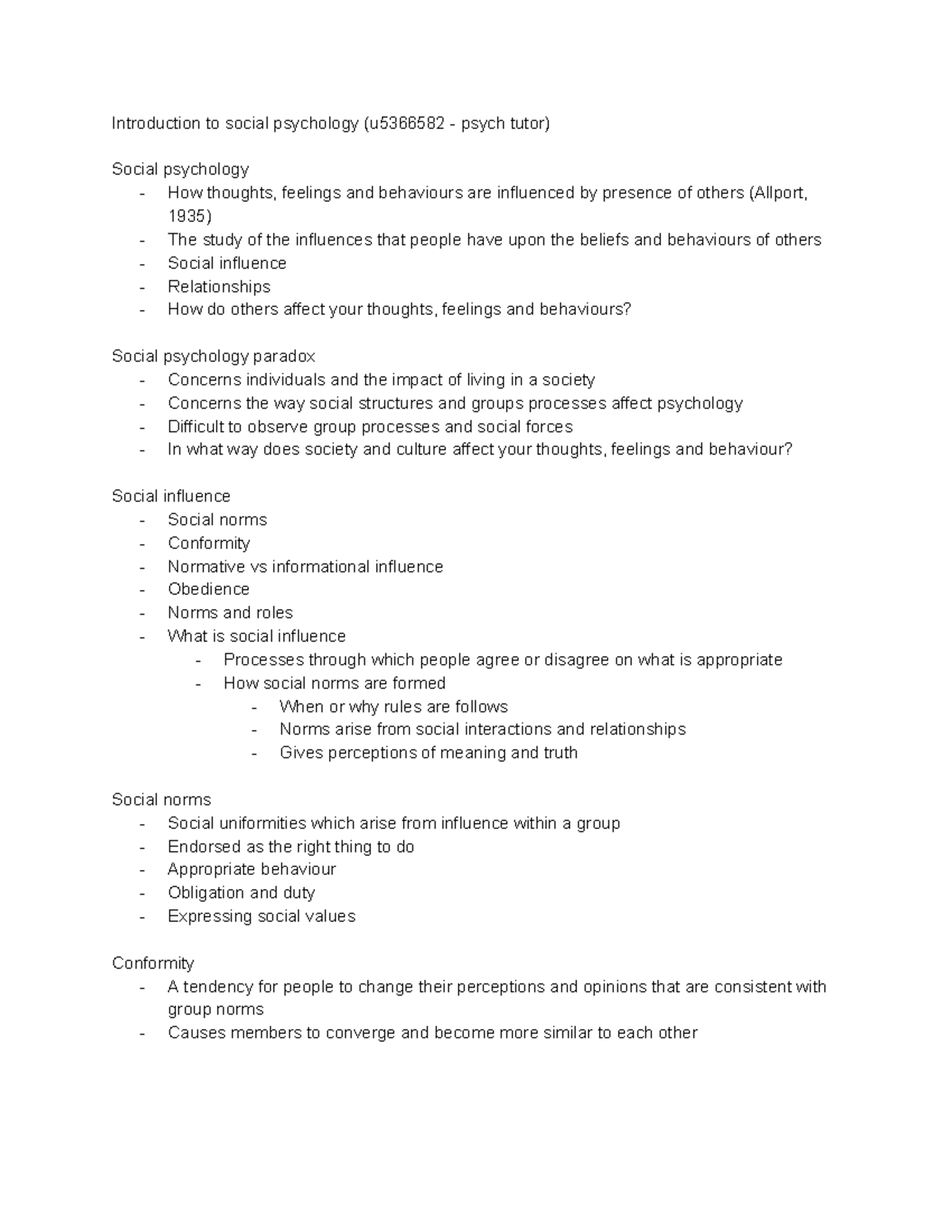 PSYC1004 - Introduction to social psychology (u5366582 - psych tutor ...