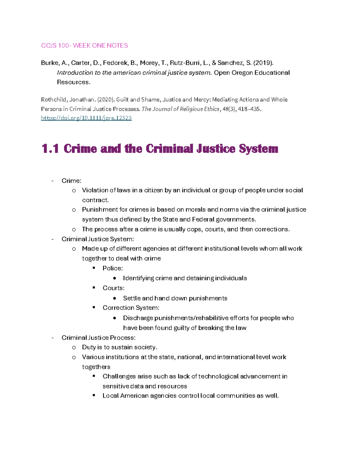 CCJS 100 WEEK 1 Notes - CCJS 100- WEEK ONE NOTES Burke, A., Carter, D ...