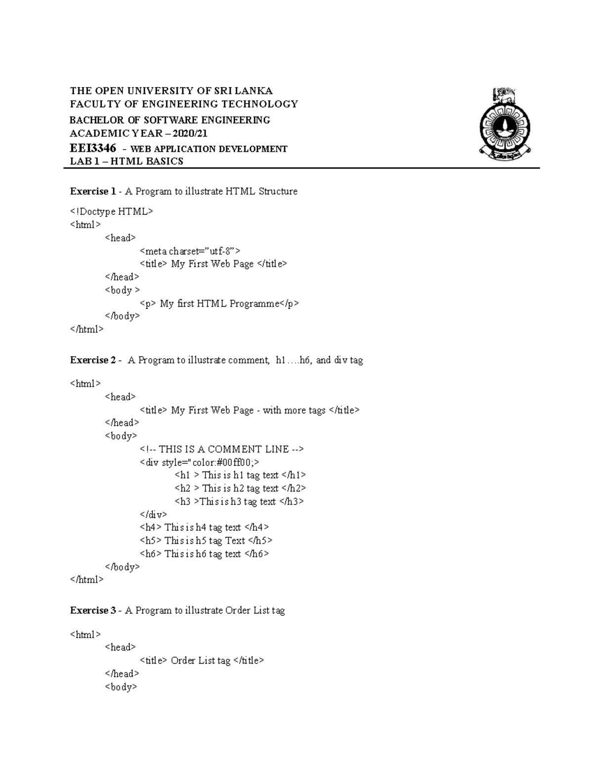 EEI3346 PS1 model paper Exercise 1 A Program to illustrate HTML