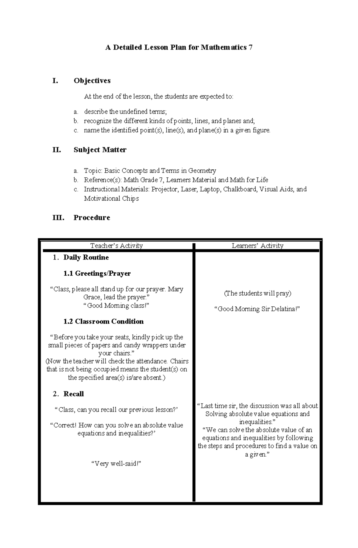 A Detailed Lesson Plan for Mathematics 7 - Objectives At the end of the ...