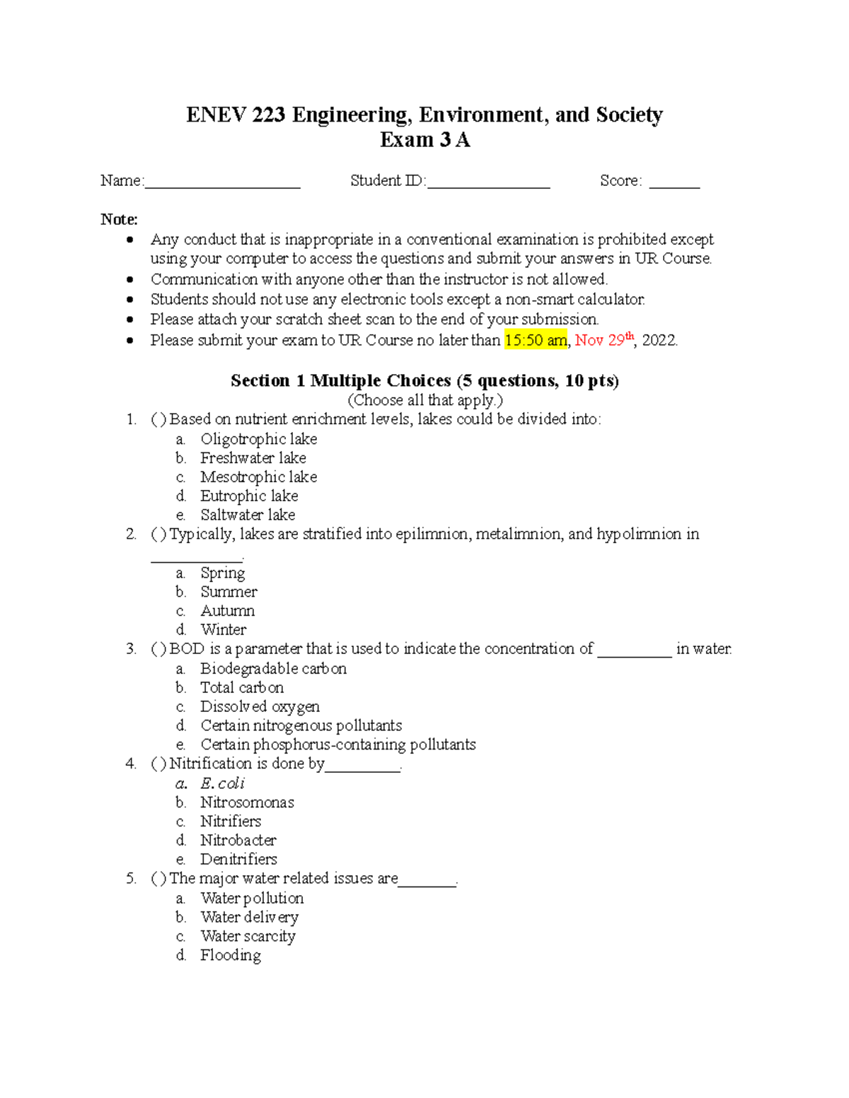 2020 ENEV 223 Exam 3 A - ENEV 223 Engineering, Environment, and Society ...
