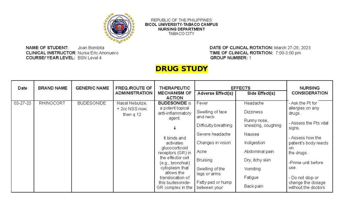 Bombita Group 1 Drug Study - BS Nursing - Studocu