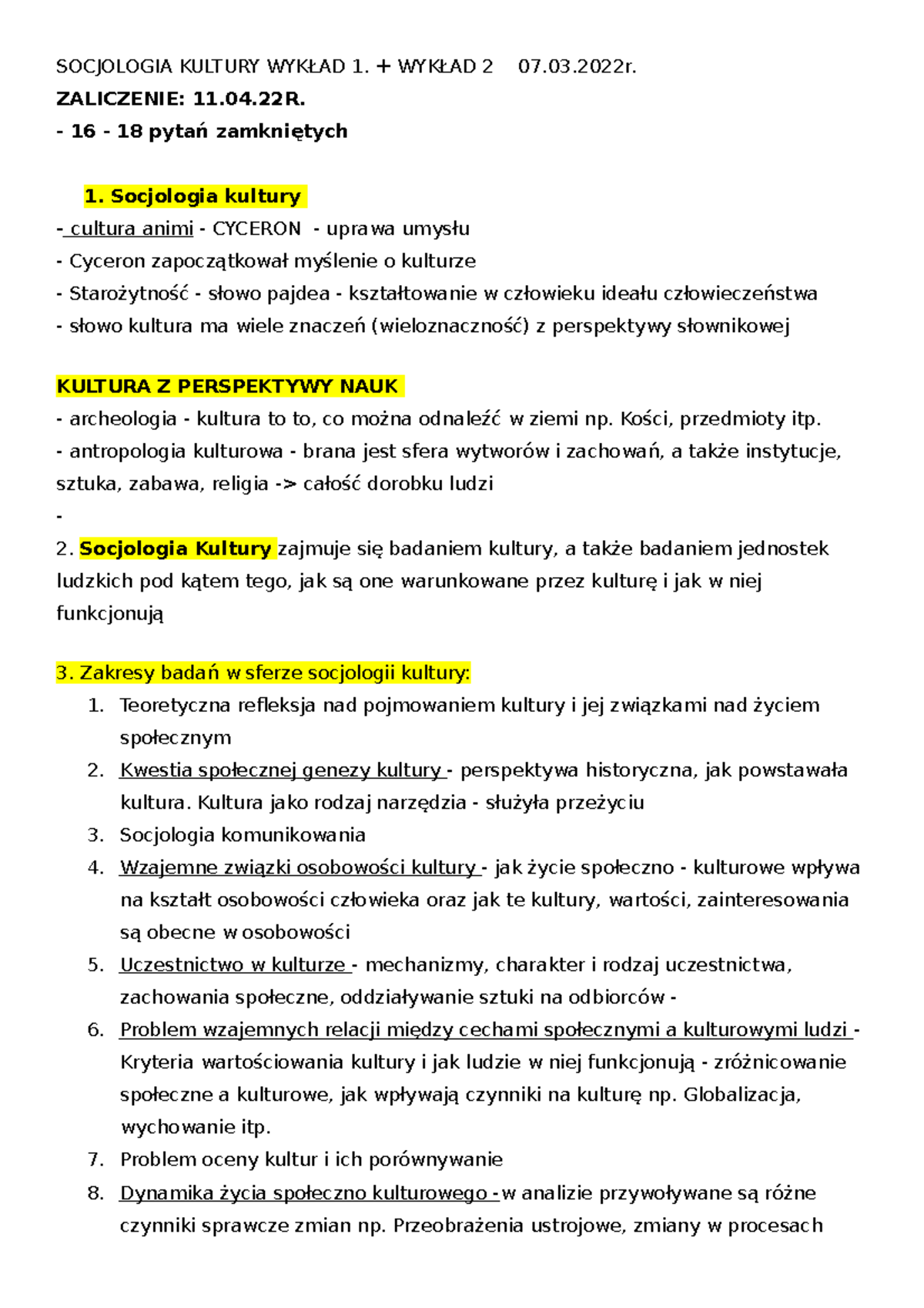 Socjologia Kultury WYKŁAD 1 - SOCJOLOGIA KULTURY WYKŁAD 1. + WYKŁAD 2