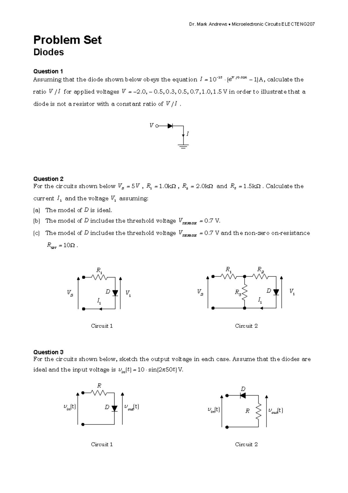 Problem Set Diodes Problem Set Diodes Question 1 Assuming that the