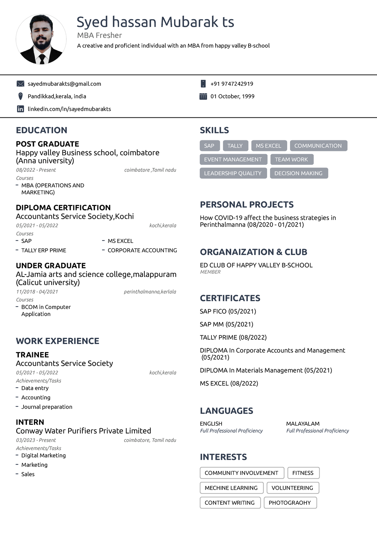 Syed's Resume - Syed hassan Mubarak ts MBA Fresher A creative and ...