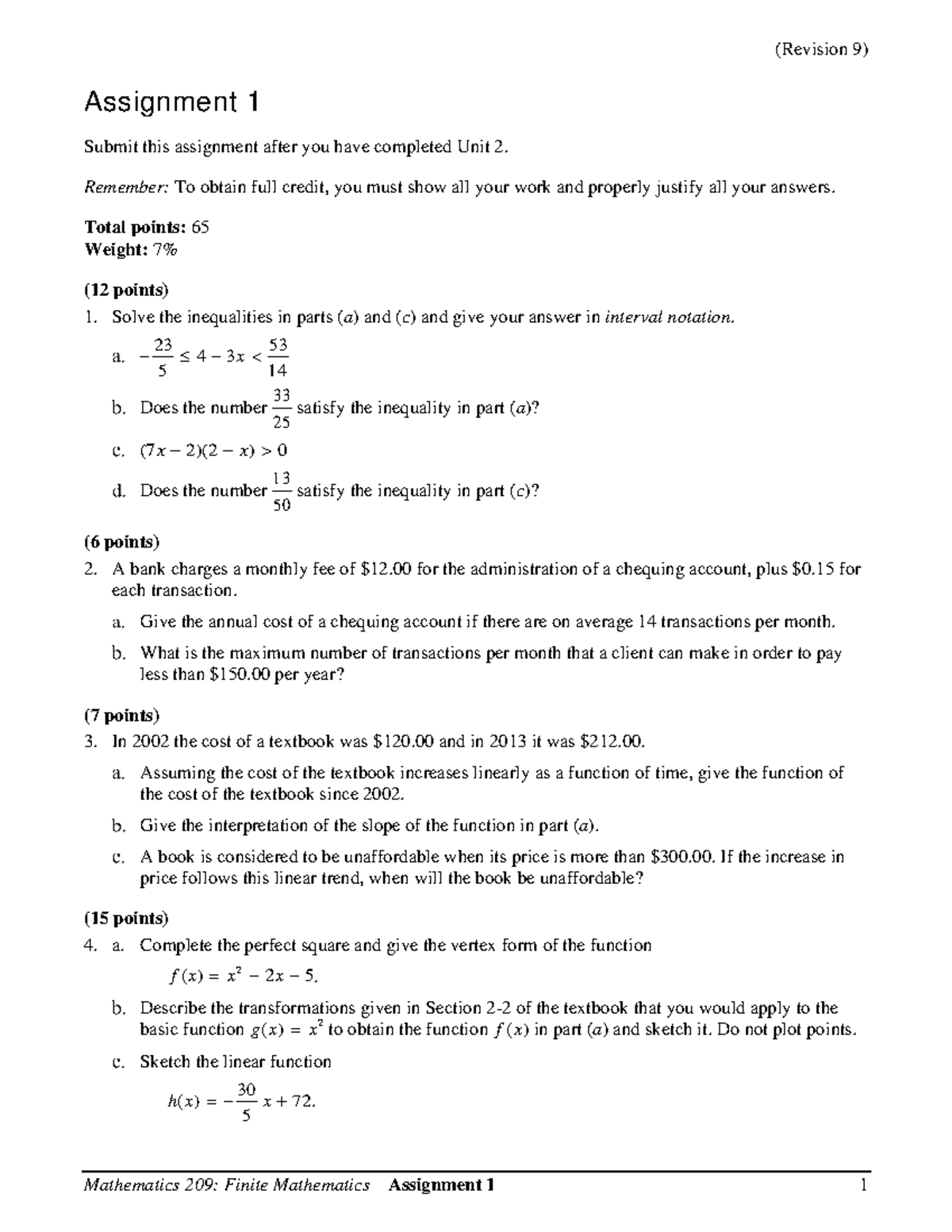 209Assignment 01 - Assignment1 - (Revision 9) Mathematics 209: Finite ...