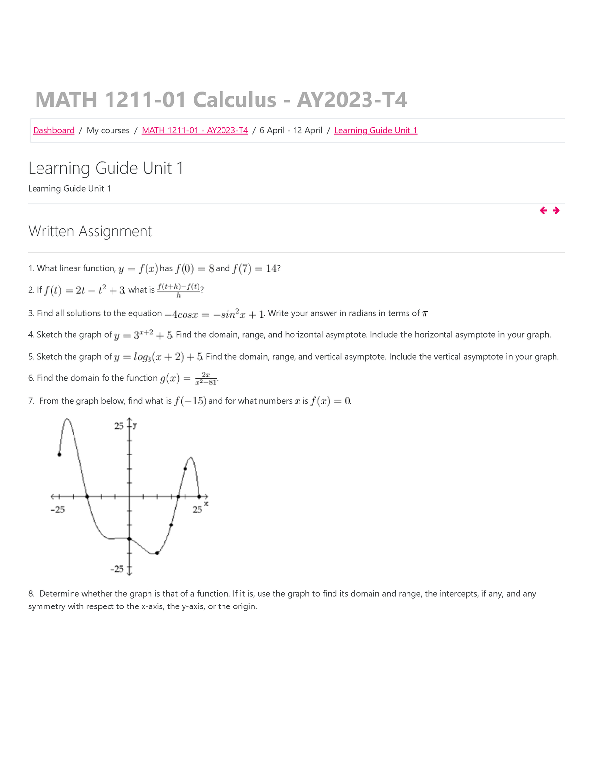 math 1211 written assignment unit 1