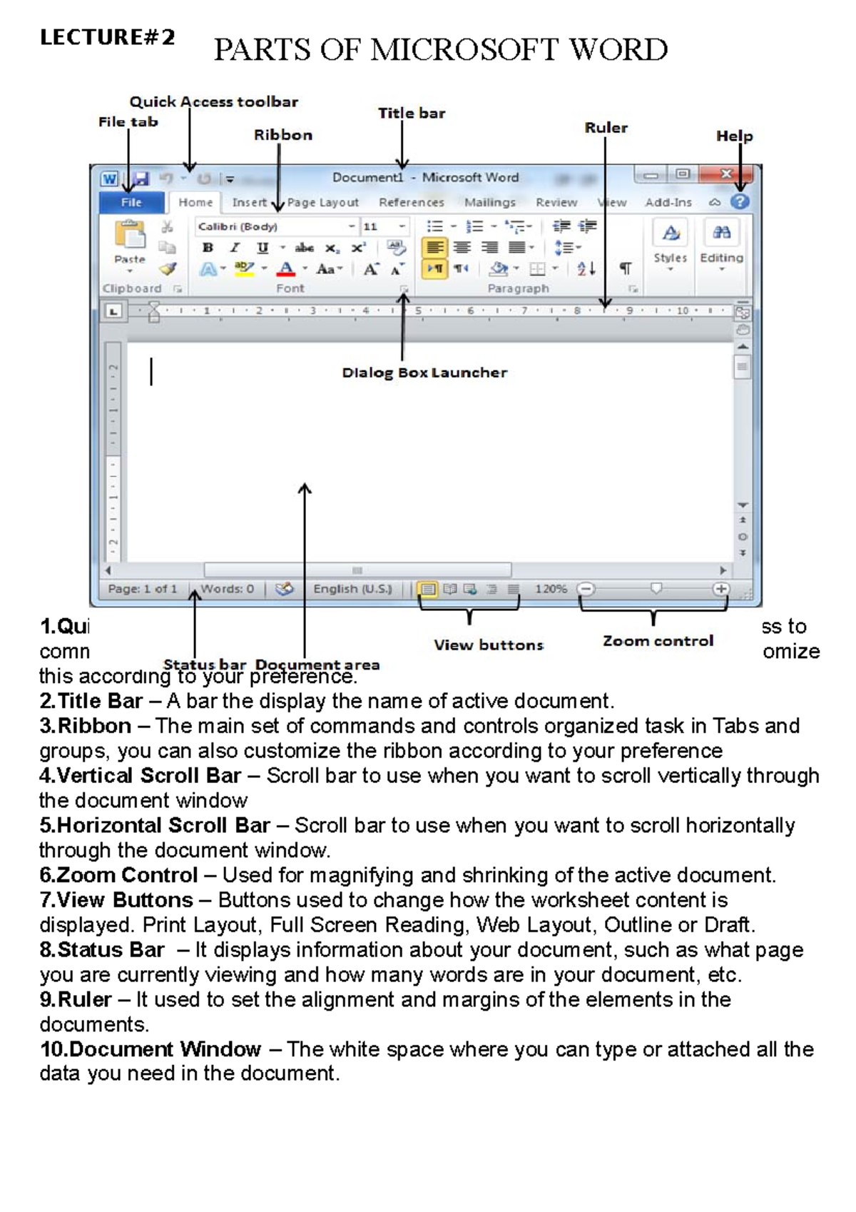 Parts Of MS WORD Sample Quizzes For Students LECTURE 1 Access 