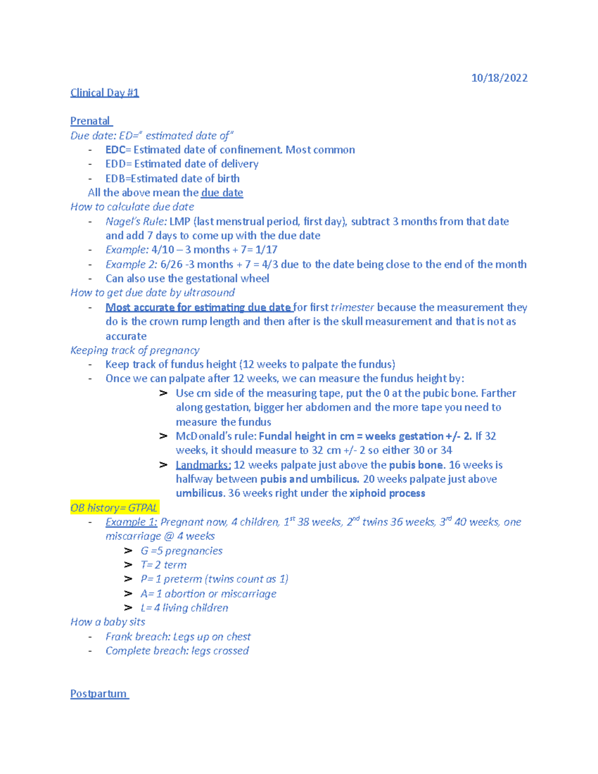 Clinical day #1 - notes - 10/18/ Clinical Day # Prenatal Due date: ED ...