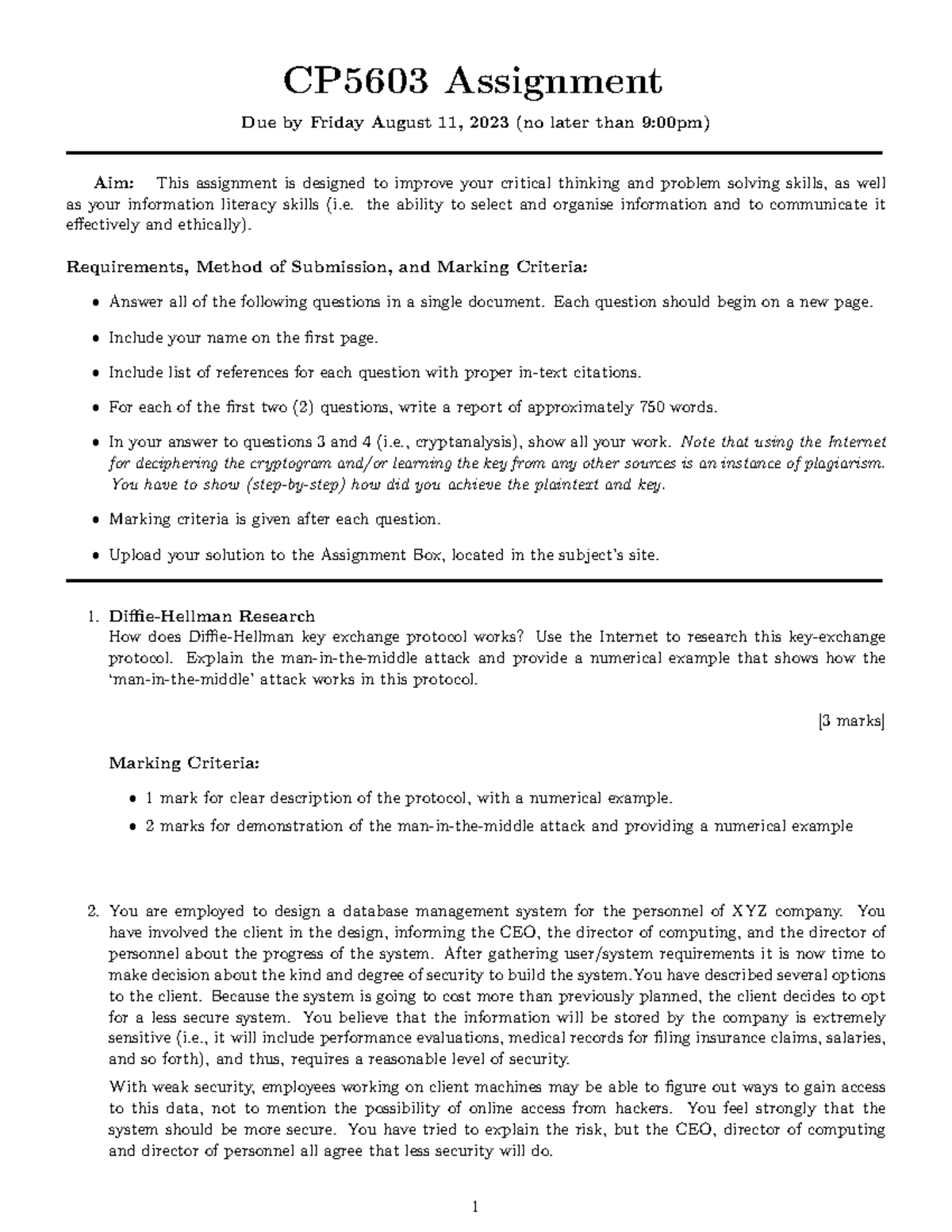 CP5603-Assignment - Assignment - CP5603 Assignment Due By Friday August ...