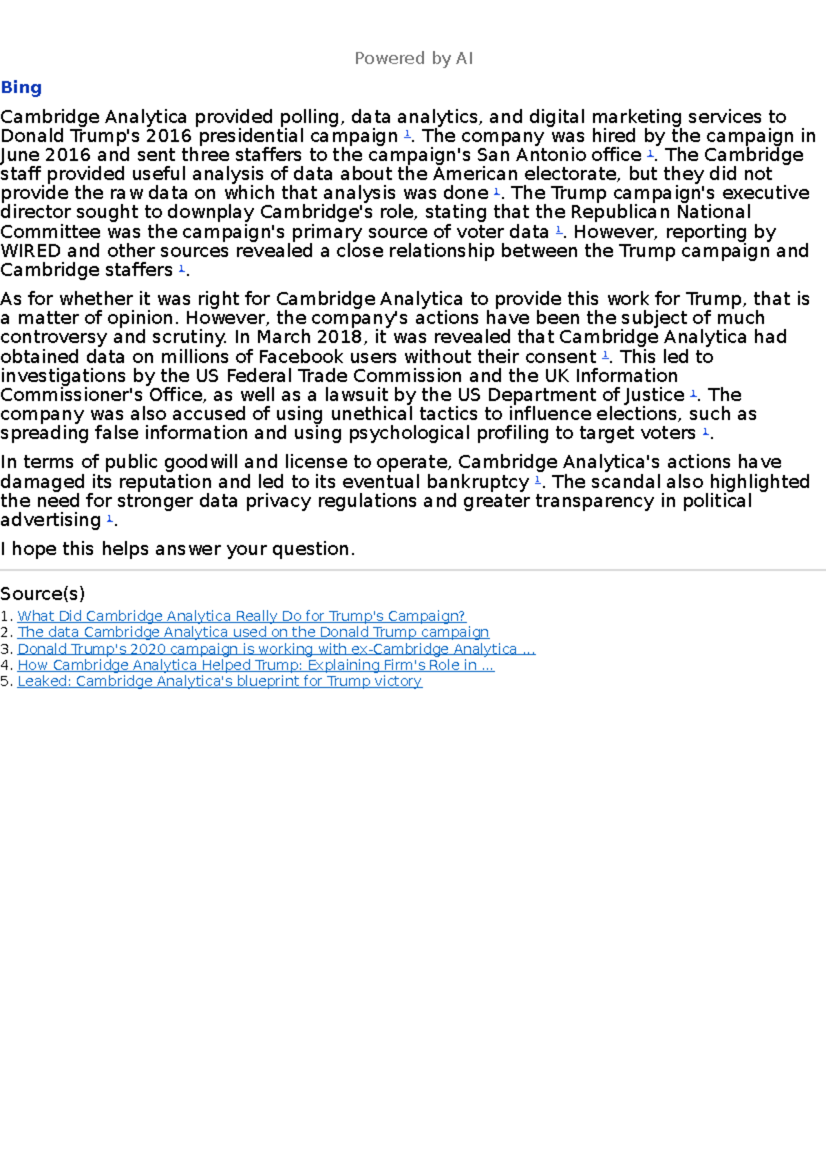 Answer - help - Powered by AI Bing Cambridge Analytica provided polling ...