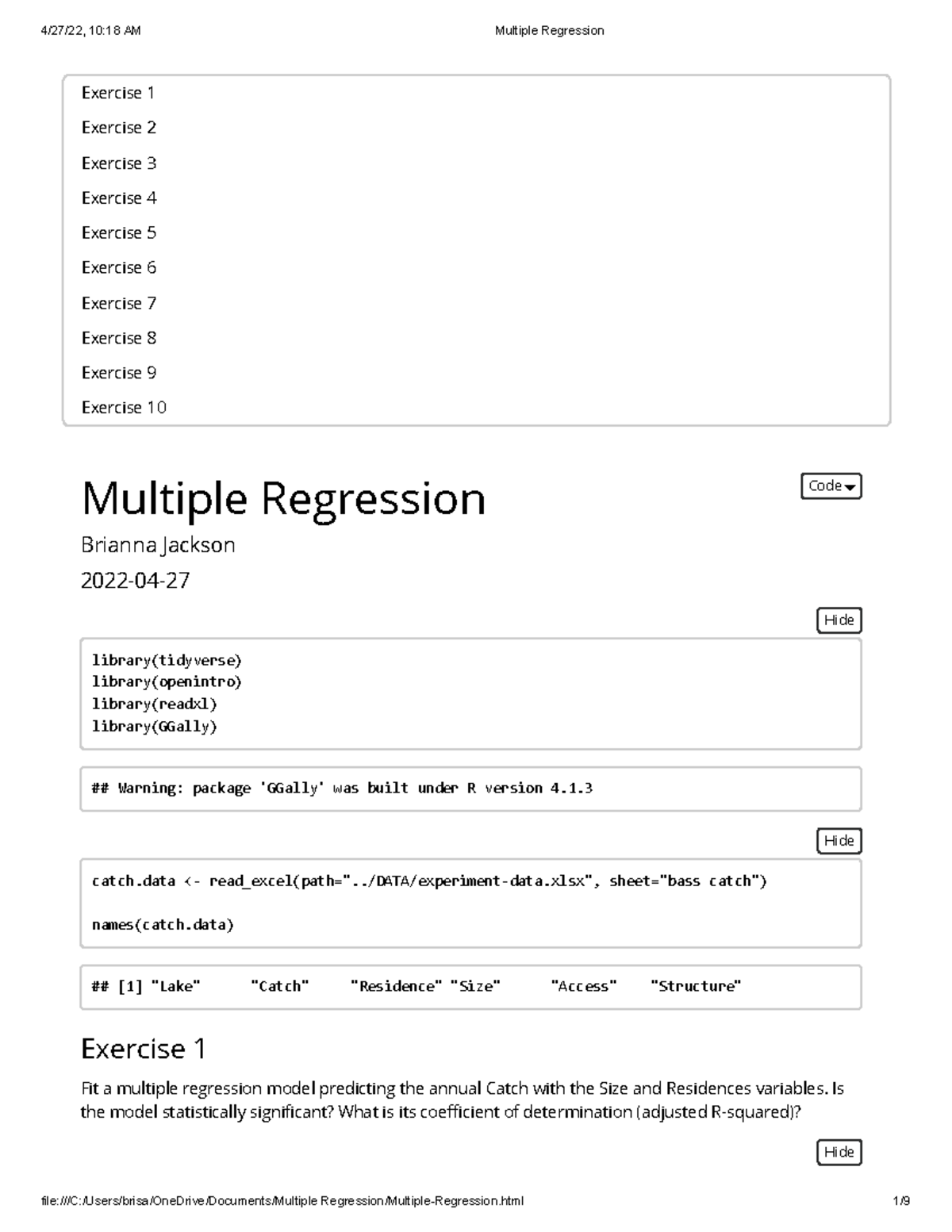 Multiple Regression - Homework Assignments - Exercise 2 Exercise 3 ...