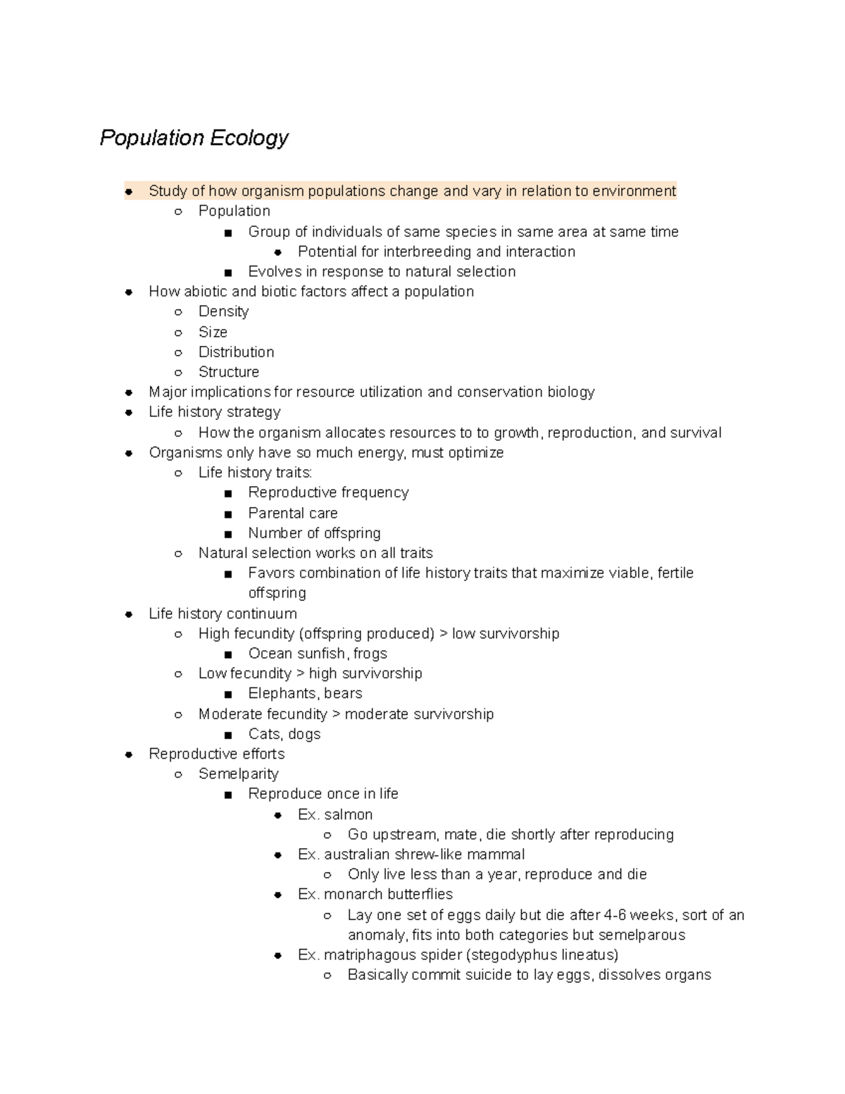 Bs162 notes Population ecology - Population Ecology Study of how