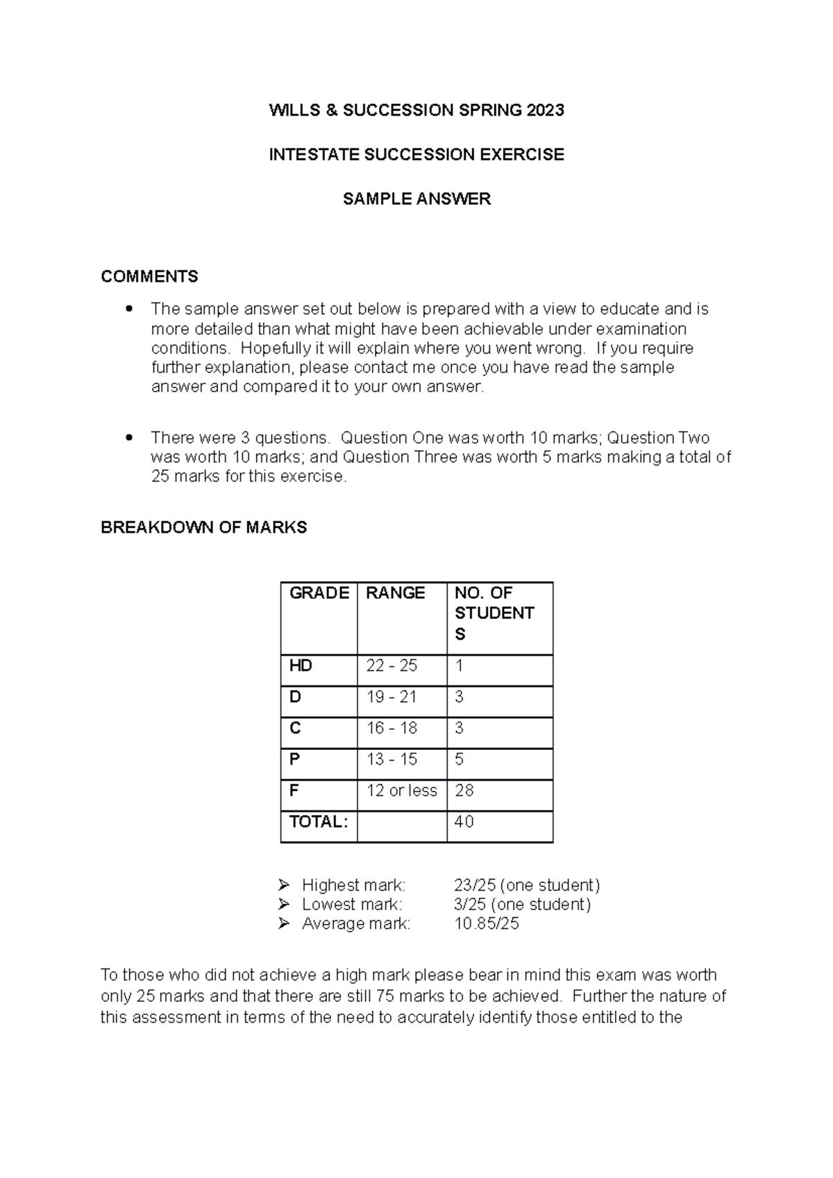 Intestacy Exercise A 2023 - WILLS & SUCCESSION SPRING 2023 INTESTATE ...