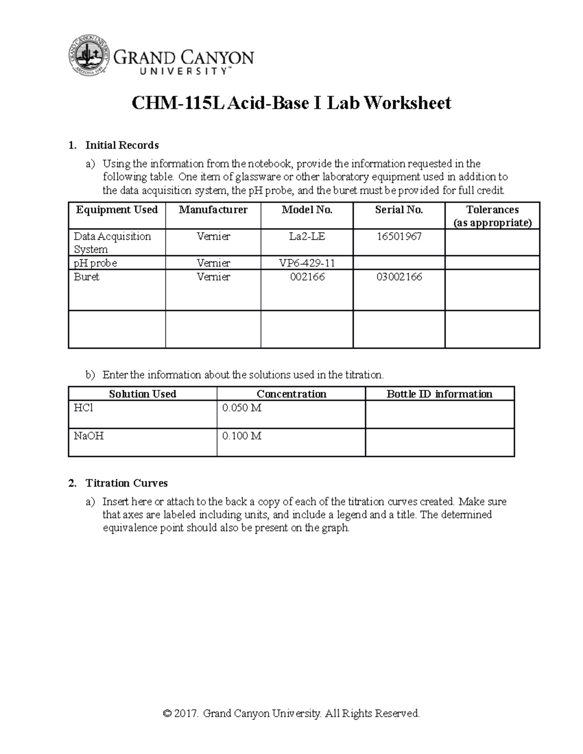 Chemistry Lab Acid Base Lab 1 CHM115L AcidBase I Lab Worksheet 1