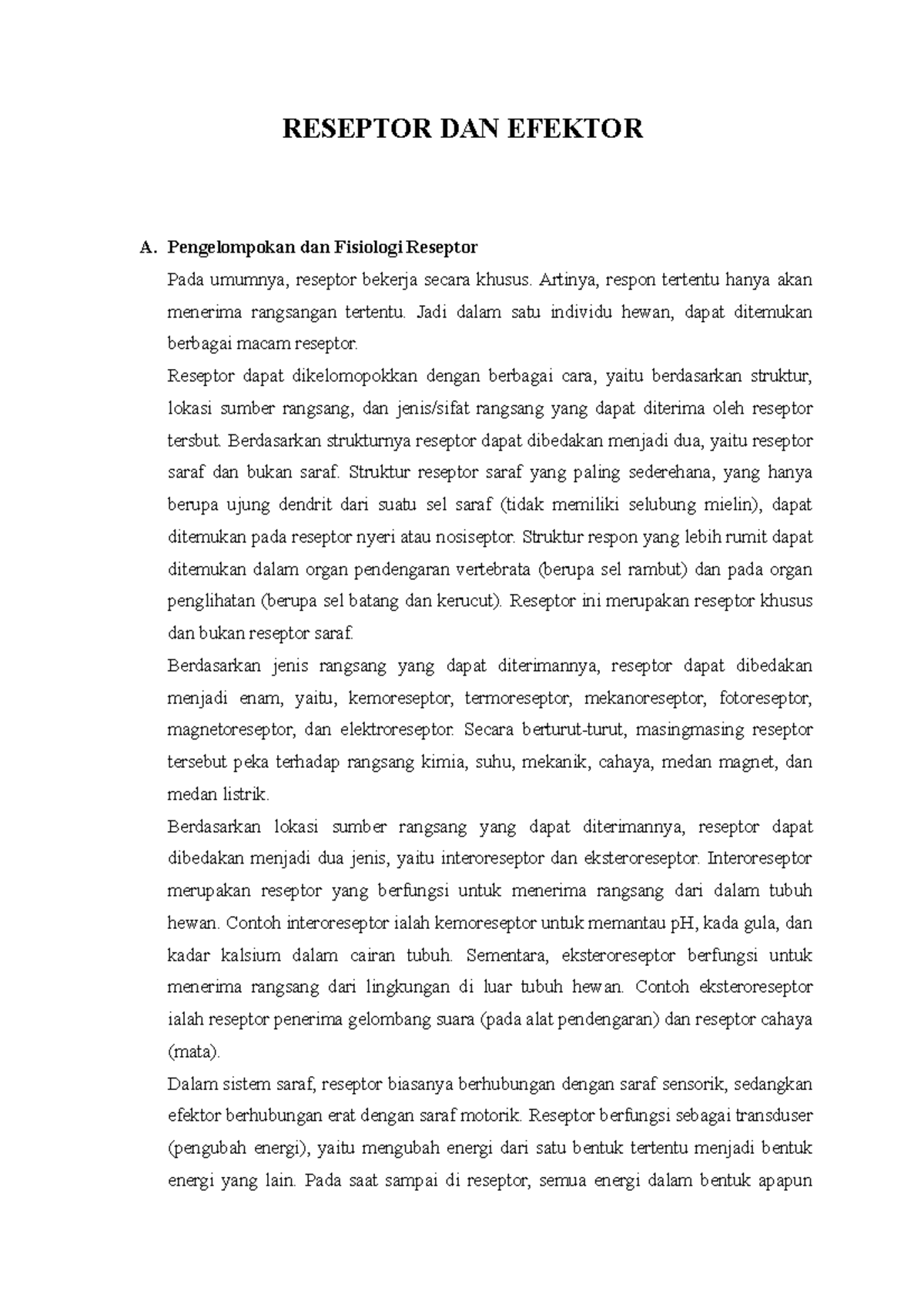 Reseptor DAN Efektor - RESEPTOR DAN EFEKTOR A. Pengelompokan dan ...