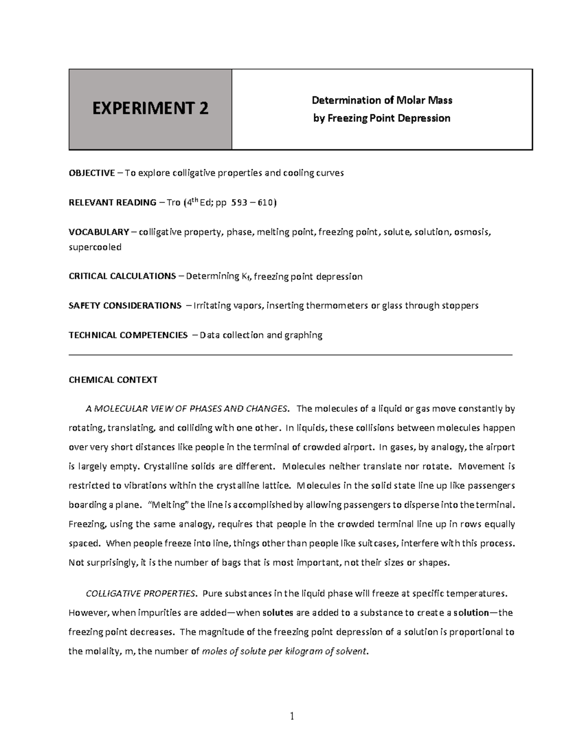 Experiment 2 Spring 2022 - EXPERIMENT 2 Determination of Molar Mass by ...