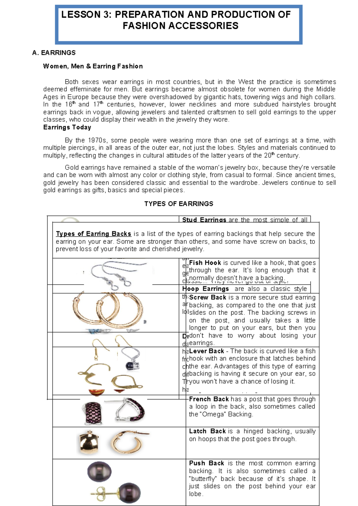 TLE Handicraft Module 1 - A. EARRINGS Women, Men & Earring Fashion Both ...