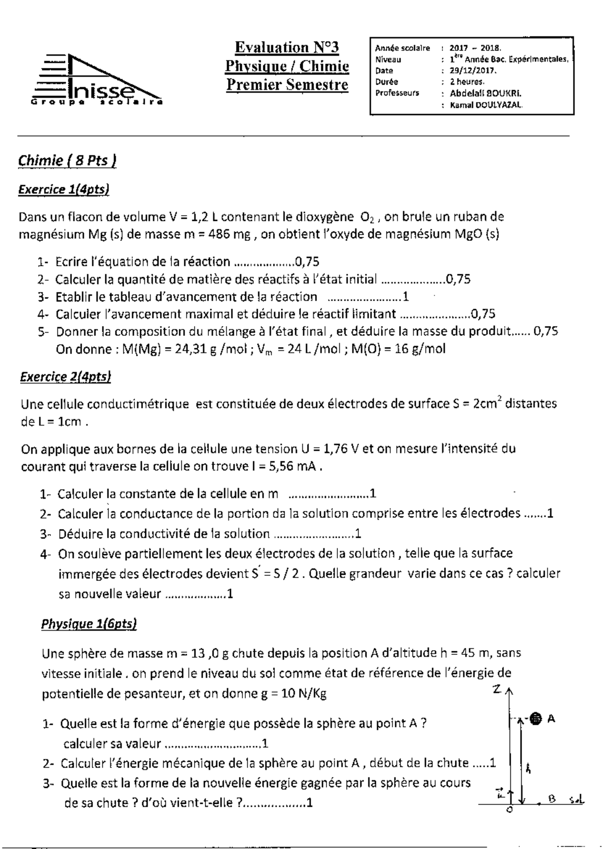 Devoir 3 Modele 8 Physique Chimie 1er Bac Semestre 1 3 - Sciences ...