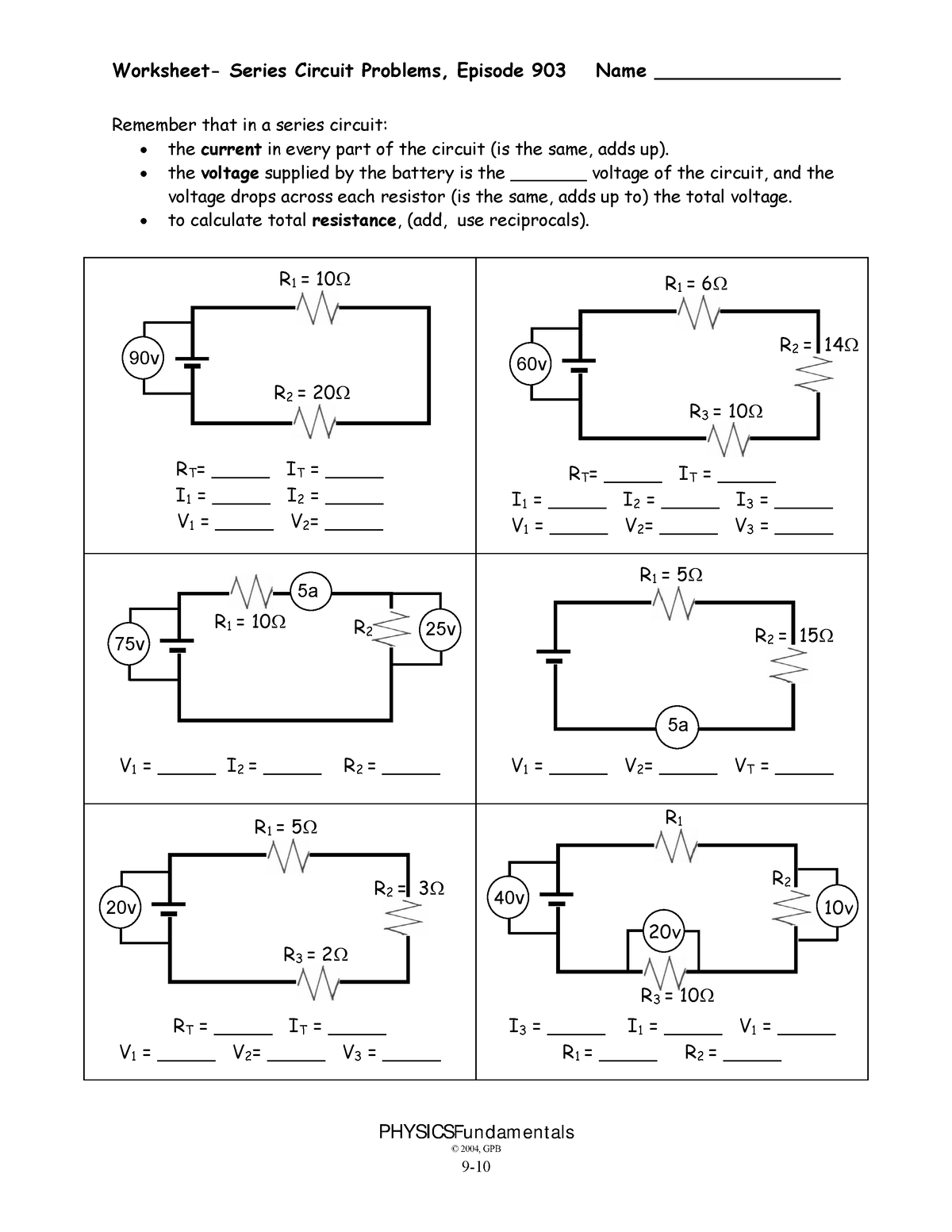 Series Circuit Problems Wkst Worksheet Series Circuit Problems Episode 903 Name 