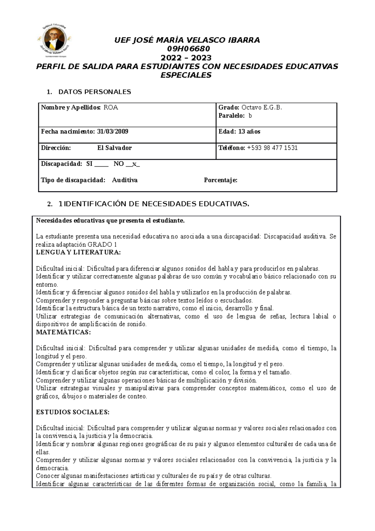 Perfil de roa - UEF JOSÉ MARÍA VELASCO IBARRA 09H 2022 – 2023 PERFIL DE ...