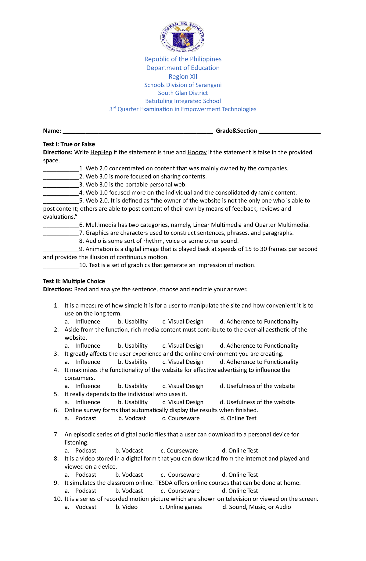 Empowerment Technologies Exam Republic Of The Philippines Department Of Education Region Xii 