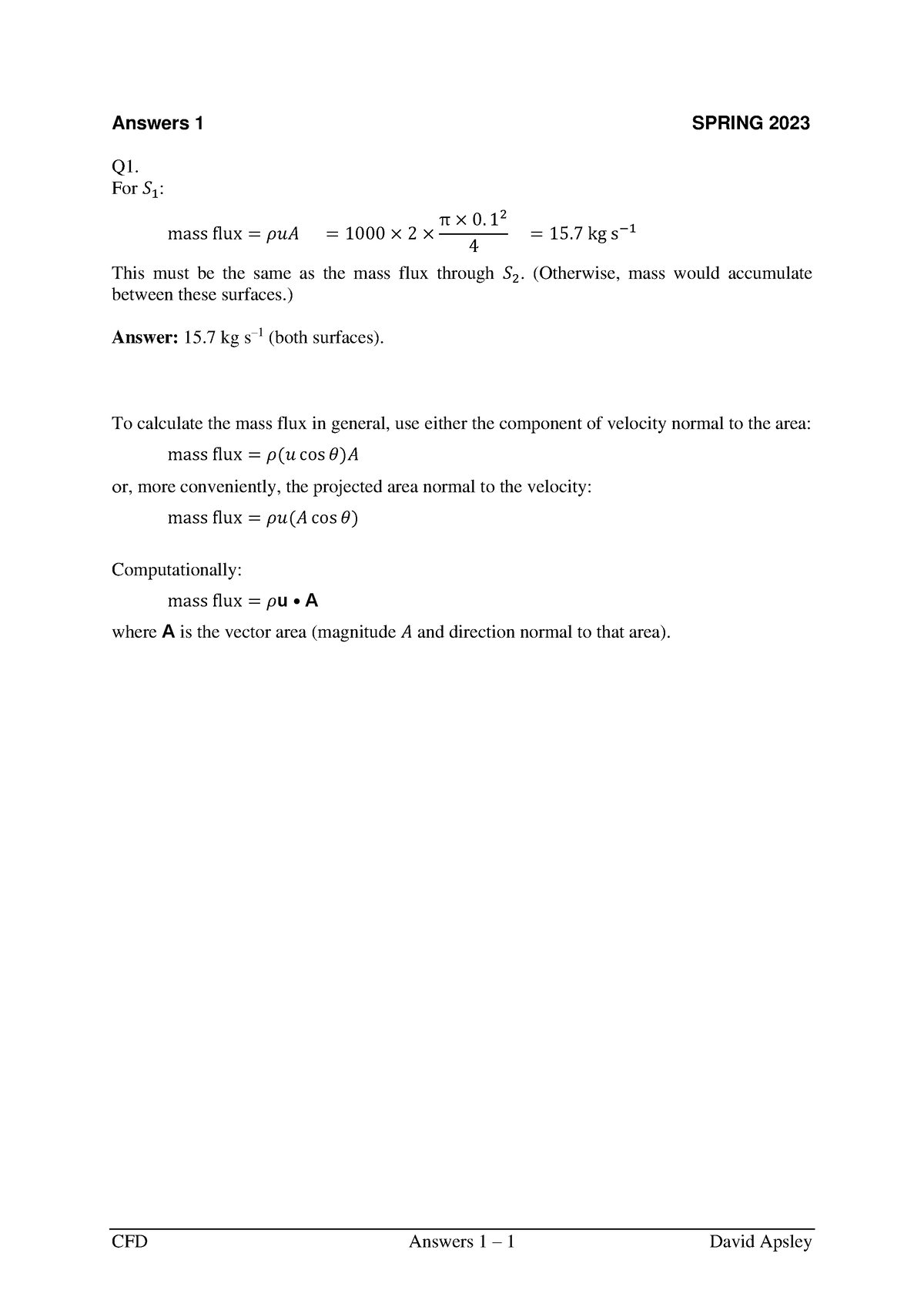 A1 - Computational Fluid Dynamics - Answers 1 SPRING 2023 Q1. For 𝑆 1 ...