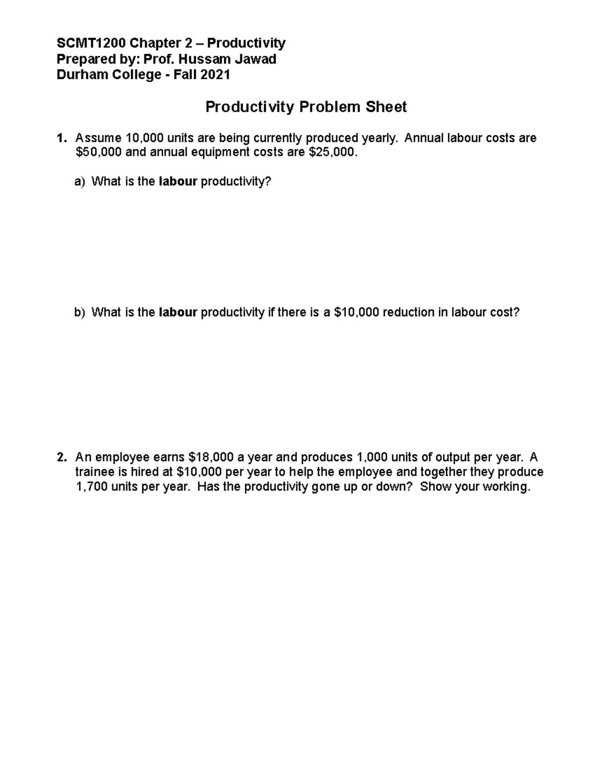 Topic 2 - Productivity Problemsheet (with answer key) - Prepared by ...