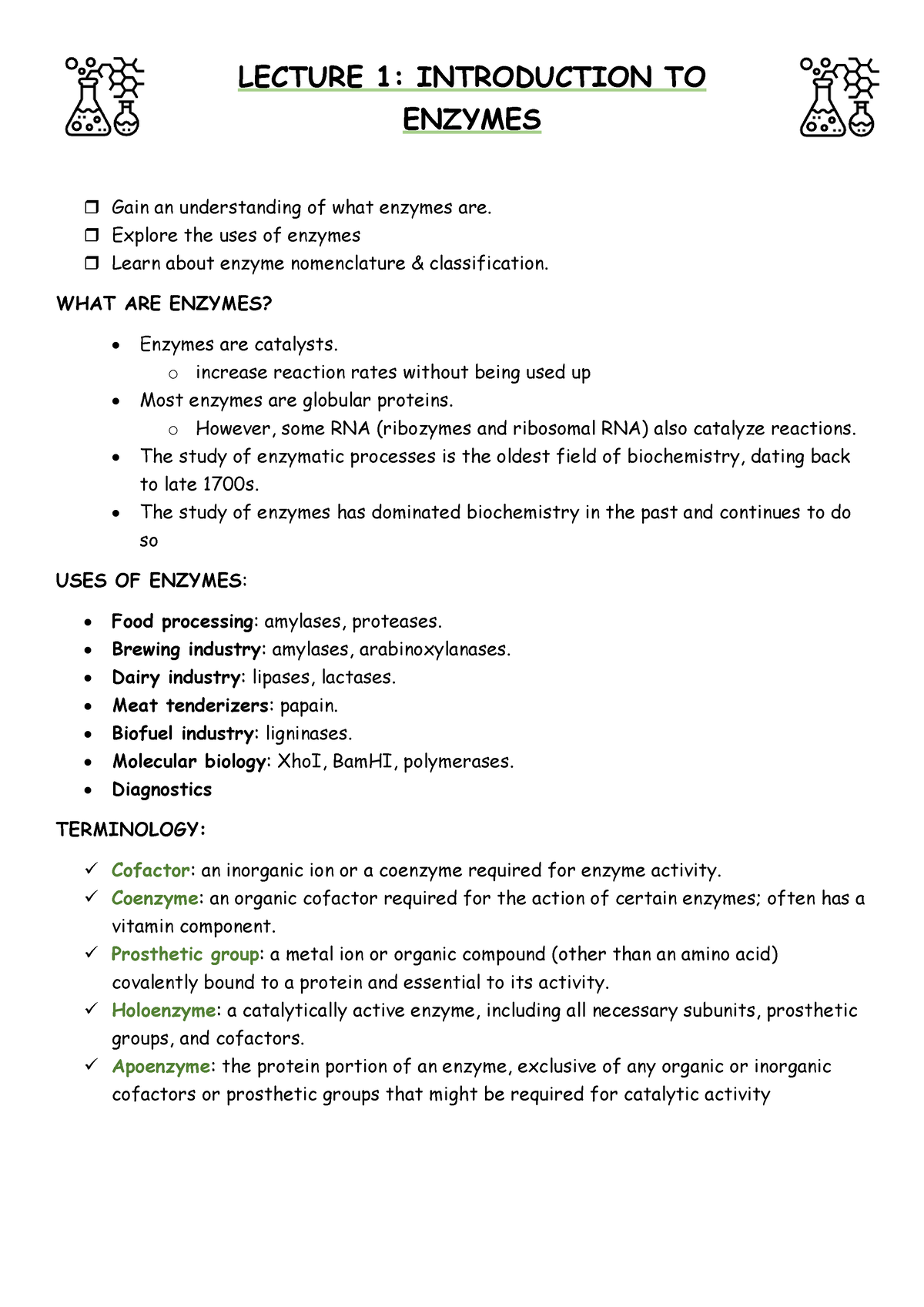 SUMMARY LECTURE 1 INTRODUCTION TO ENZYMES - LECTURE 1: INTRODUCTION TO ENZYMES Gain An - Studocu