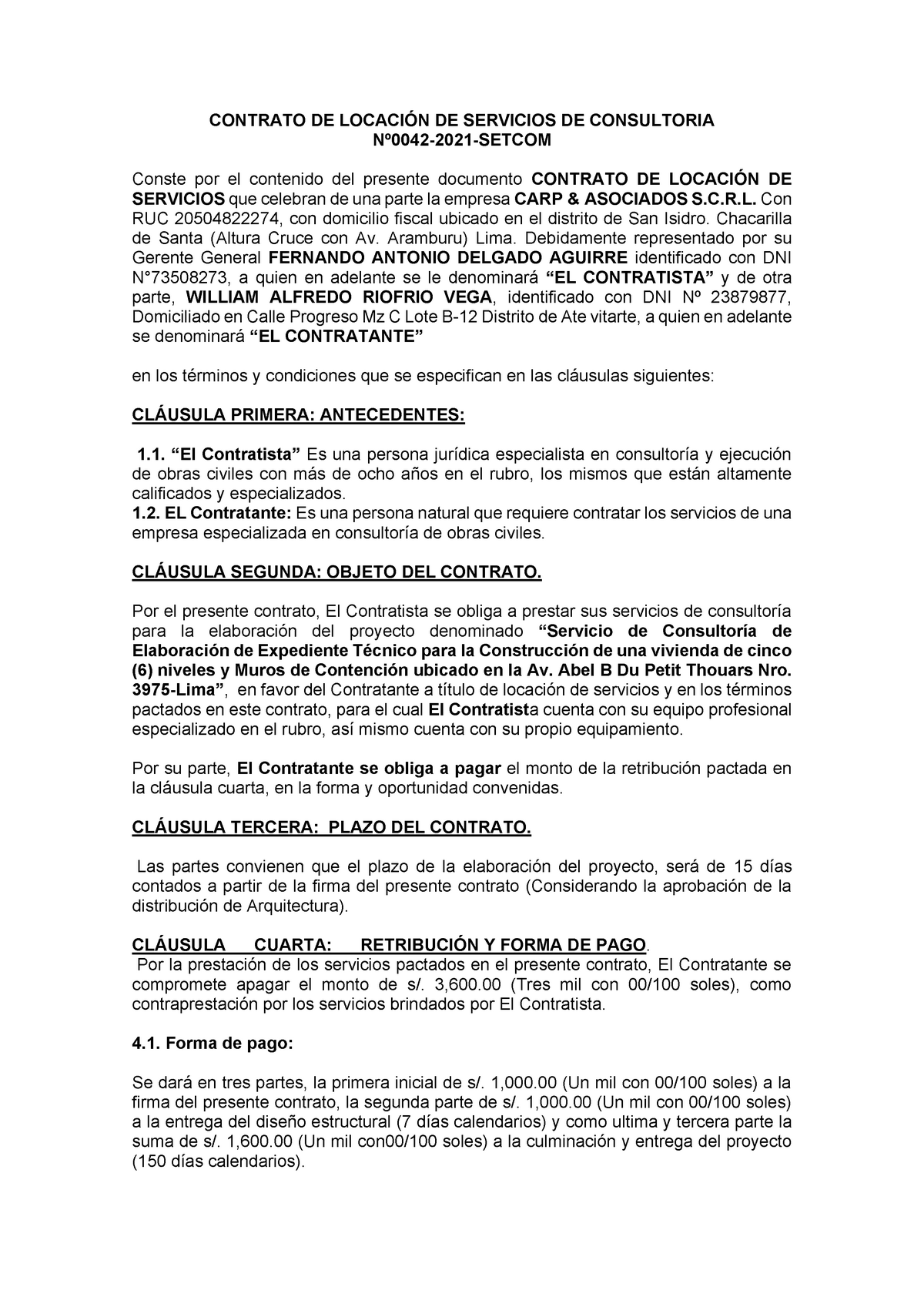 Contrato De Locación De Servicios De Consultoria Derecho Empresarial