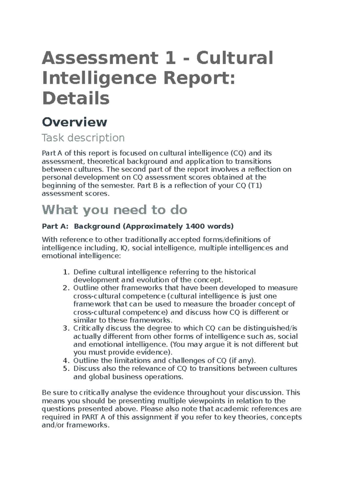 Assessment 1 Instructions - Assessment 1 - Cultural Intelligence Report ...