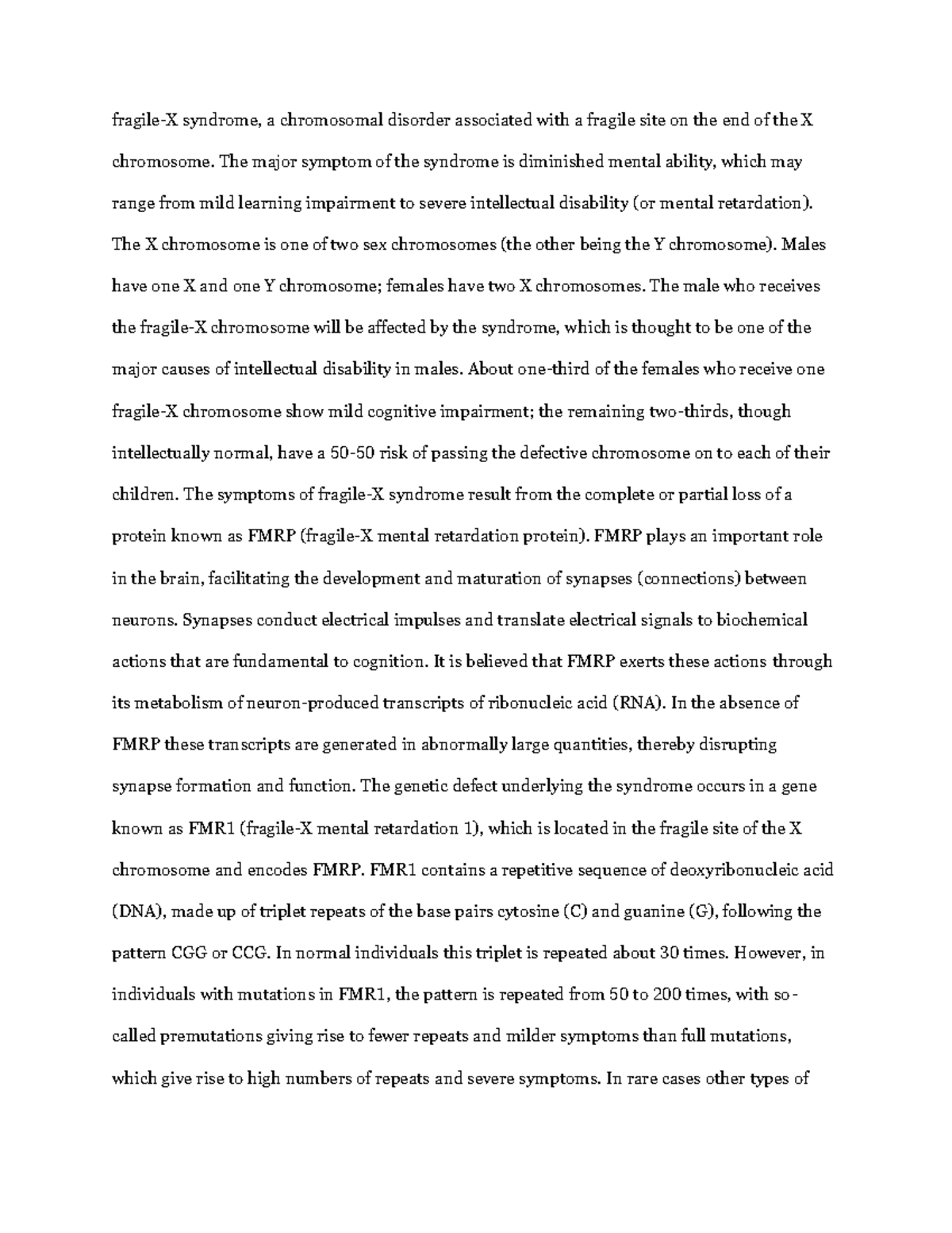 Fragile-X syndrome - notes - fragile-X syndrome, a chromosomal disorder ...