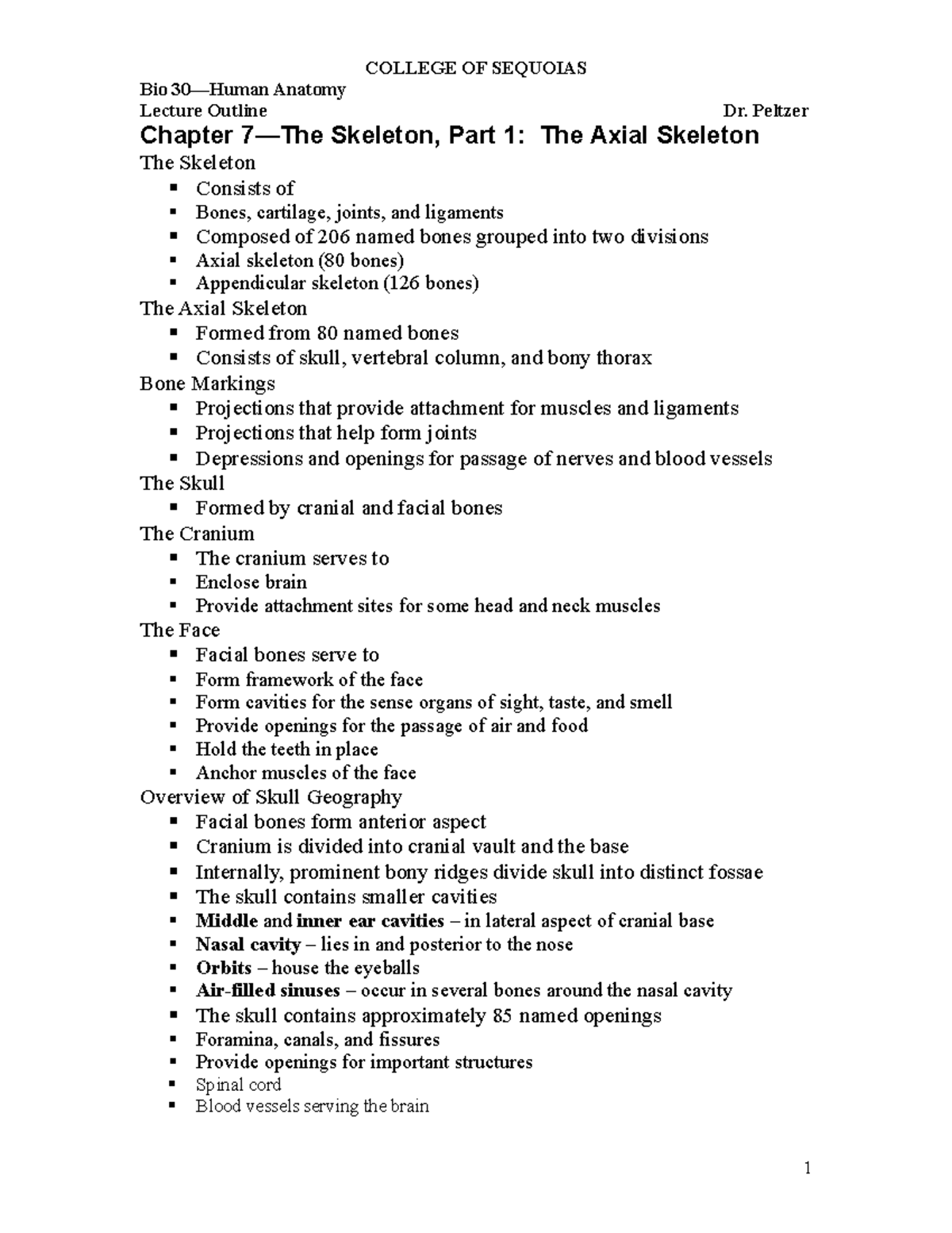 Ch. 7-Part 1 Outline - The Skeleton, Part 1: The Axial Skeleton Dr ...