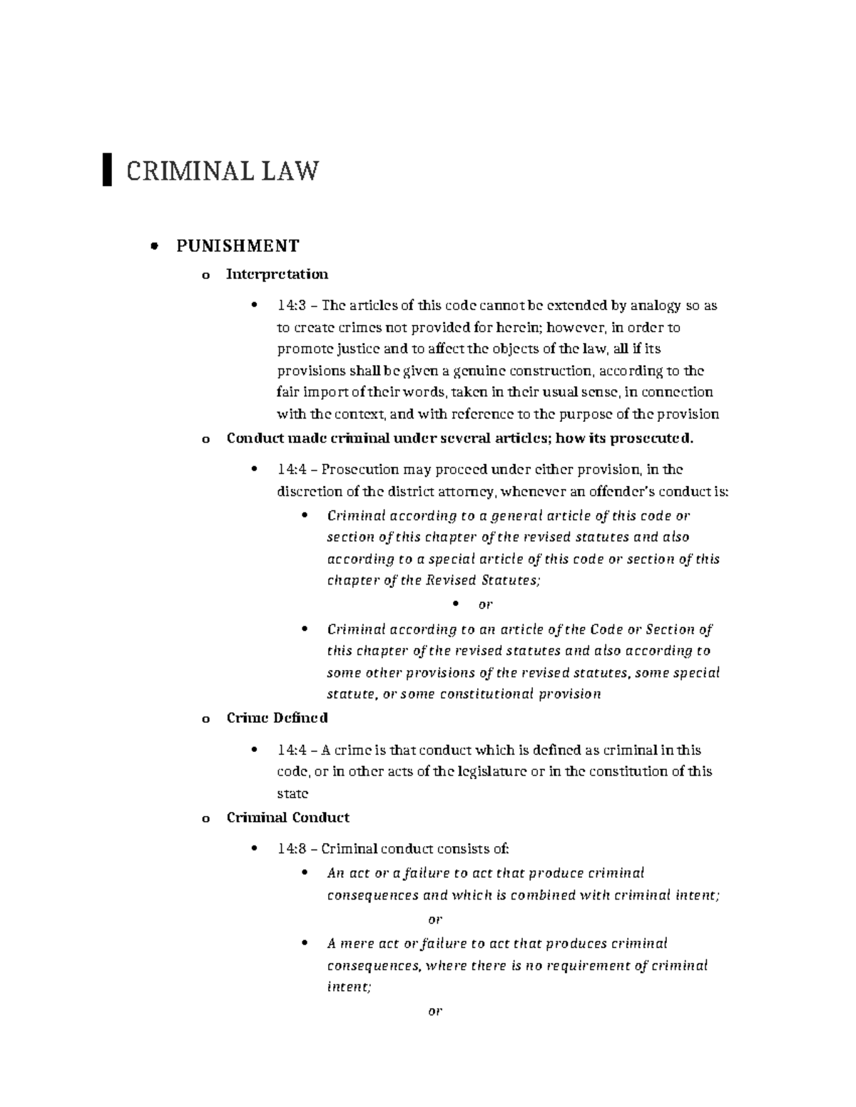 Criminal Law Outline - CRIMINAL LAW PUNISHMENT O Interpretation 14:3 ...