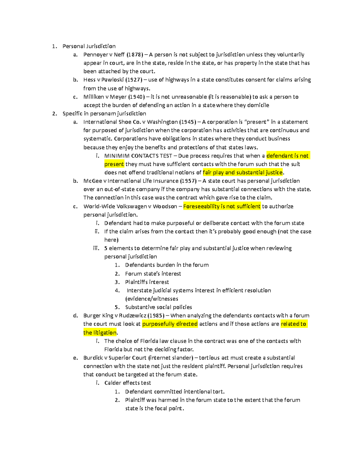 TB - Civ Pro - Outline - Cases w/ rules - Personal Jurisdiction a ...
