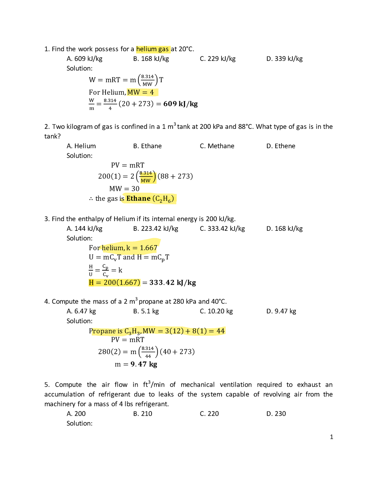 PIPE 500 Questions AND Solns - Find the work possess for a helium gas ...