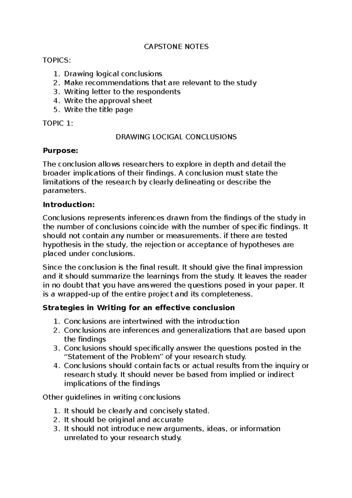 Capstone AND Three I'S Notes CAPSTONE NOTES TOPICS Drawing logical