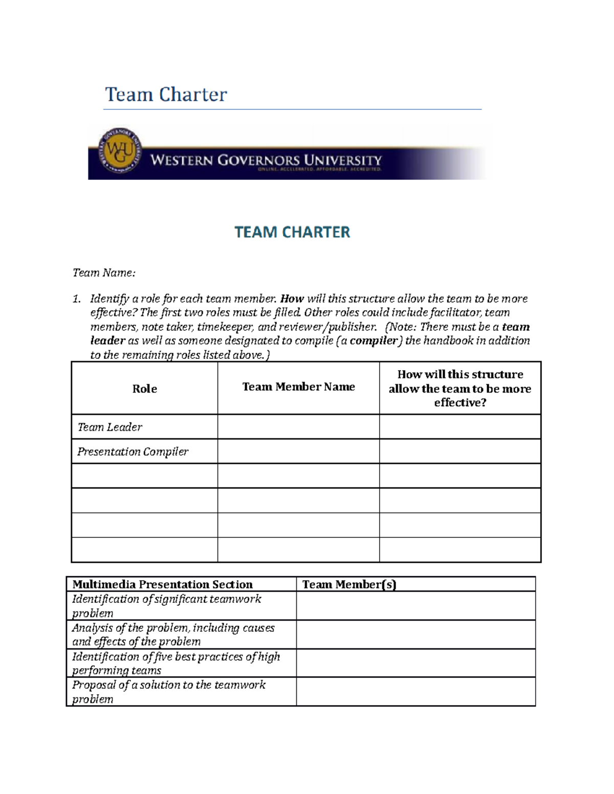 C205 team charter revised - Team Name: Identify a role for each team ...