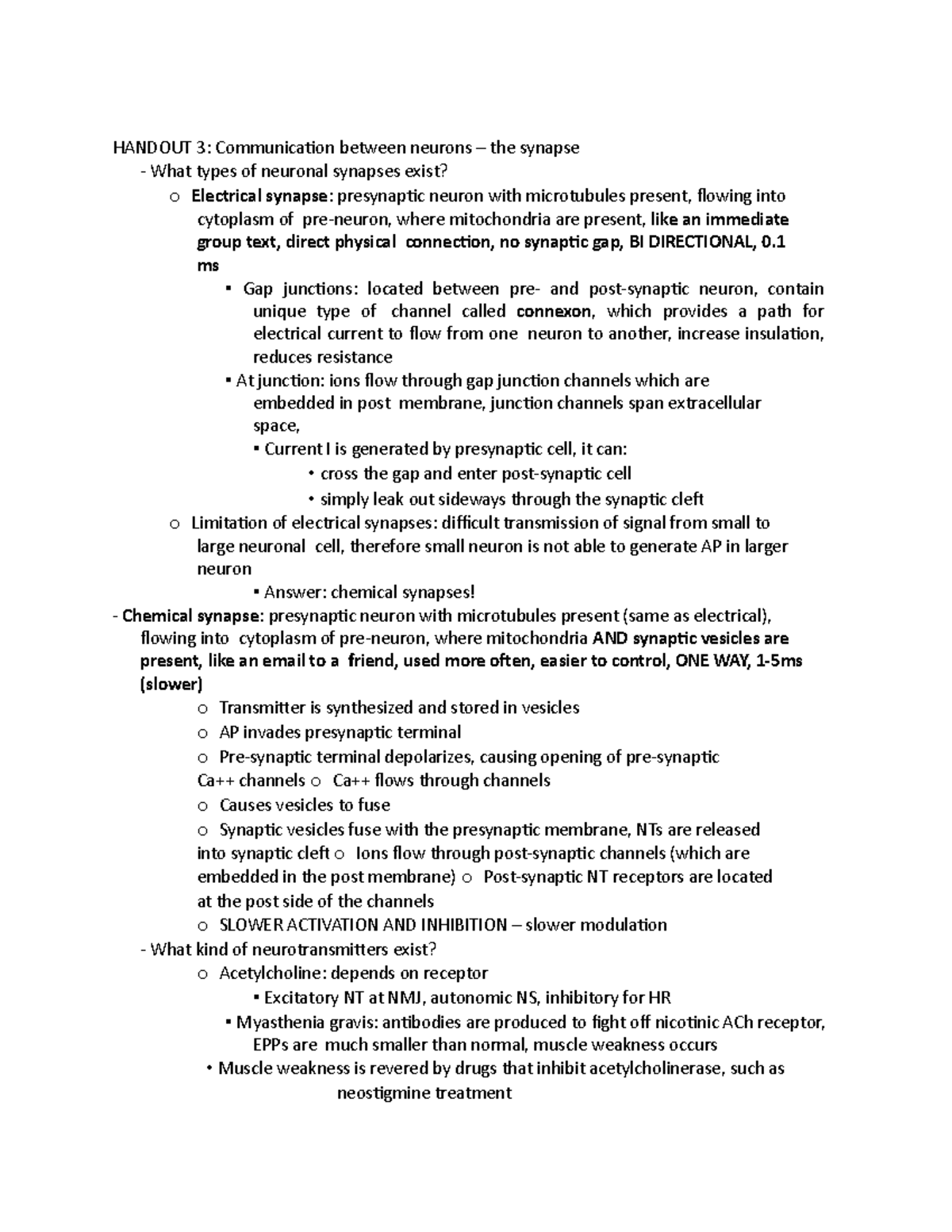 Handout 3- Communication between neurons – the synapse - HANDOUT 3 ...
