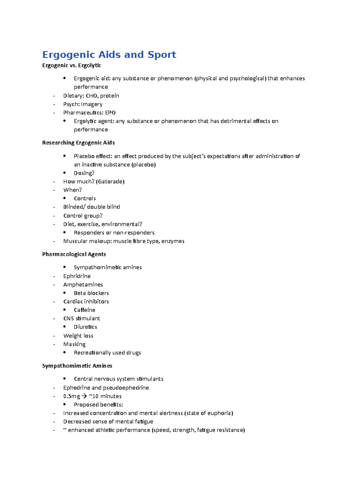 KIN 320 notes ergogenic aids and sport Ergogenic Aids and Sport