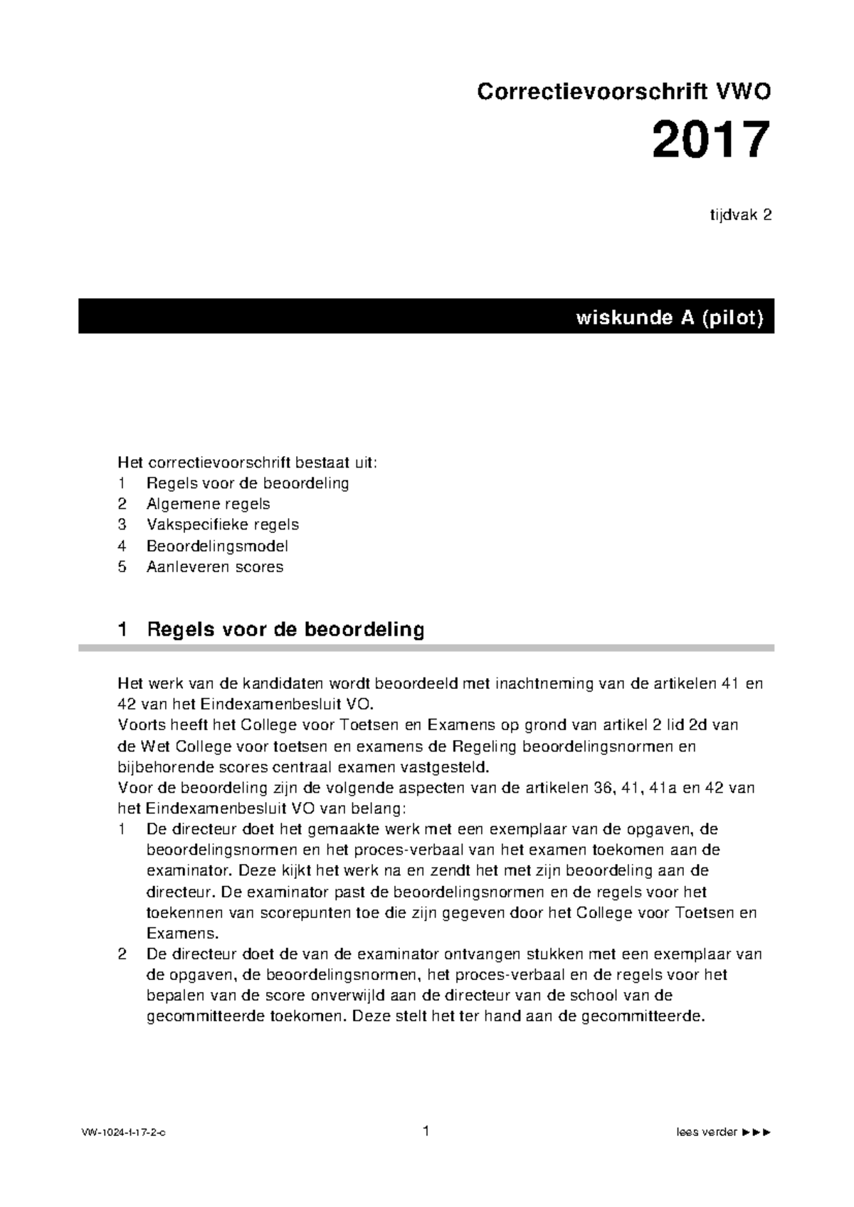 Vwo Wiskunde A Pilot Beoordeling Correctievoorschrift Vwo